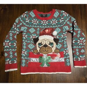 It's Our Time Holiday Sweater‎ Puppy Dog Christmas Acrylic Green Girls Medium